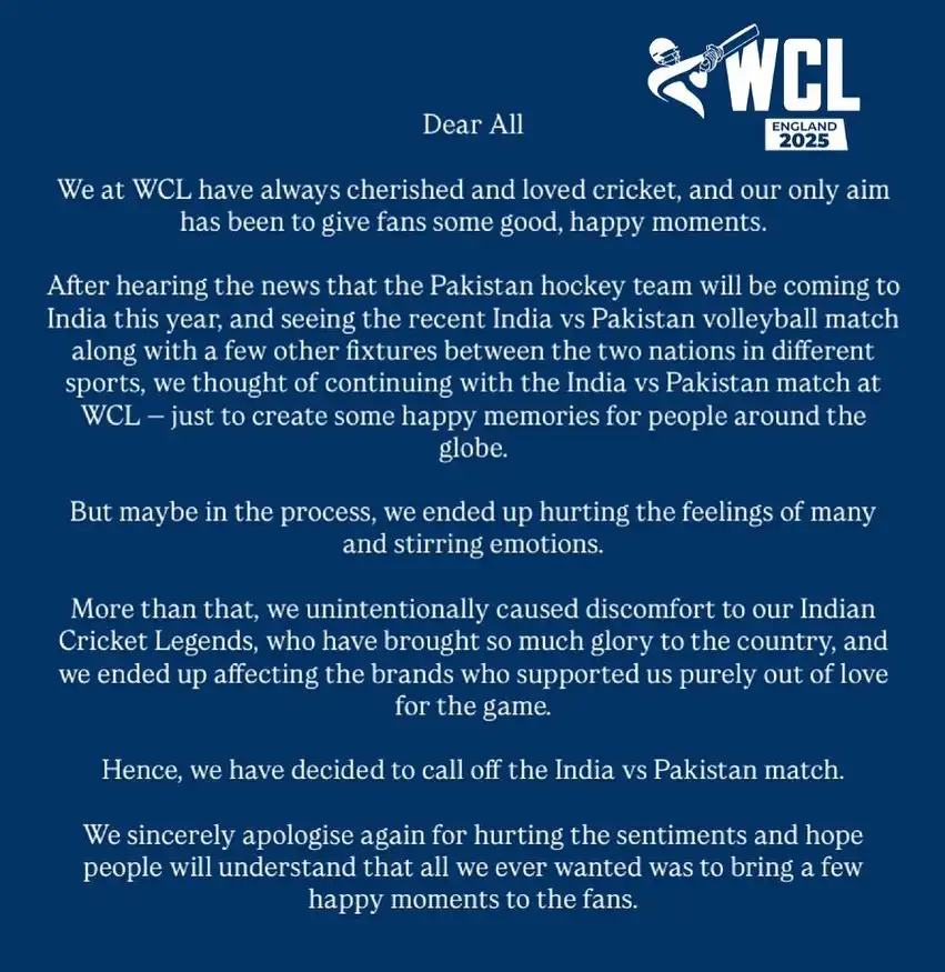 WCL Officially Cancels India vs Pakistan Legends Match at WCL 2025 2 WCl Official Statement
